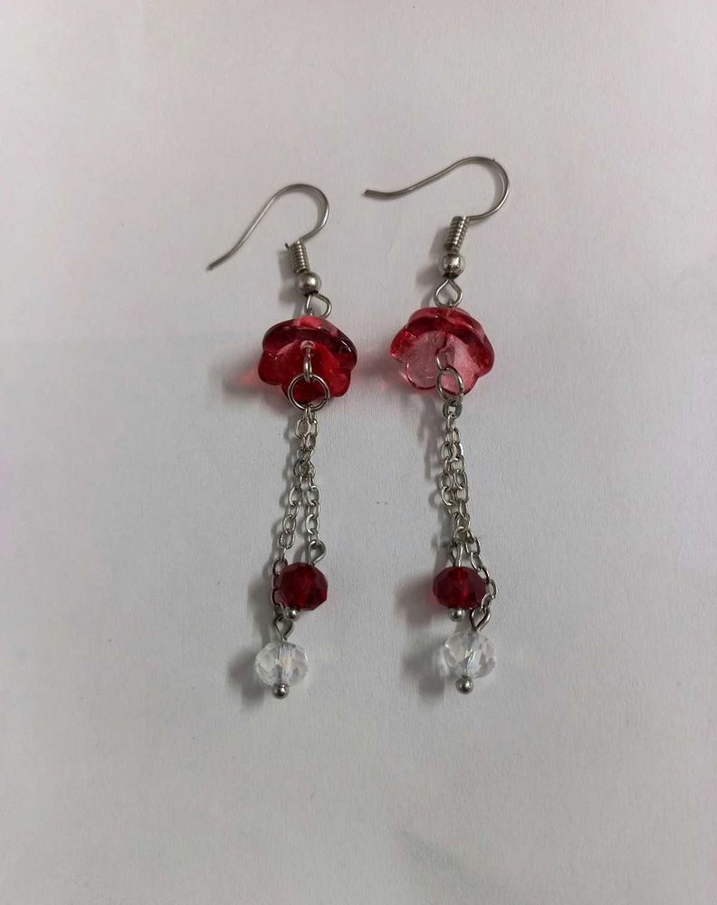 🌷Unique Handmade Red Floral Drop Chain Earrings ✨