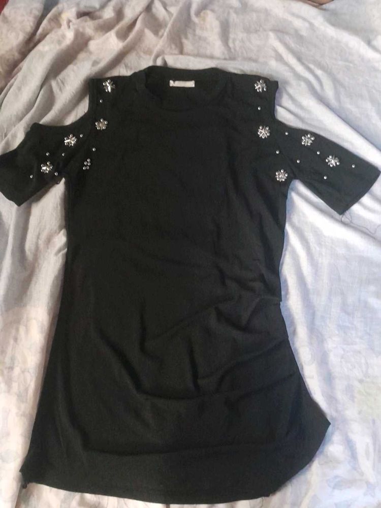 Black Embellished Cold Shoulder Dress