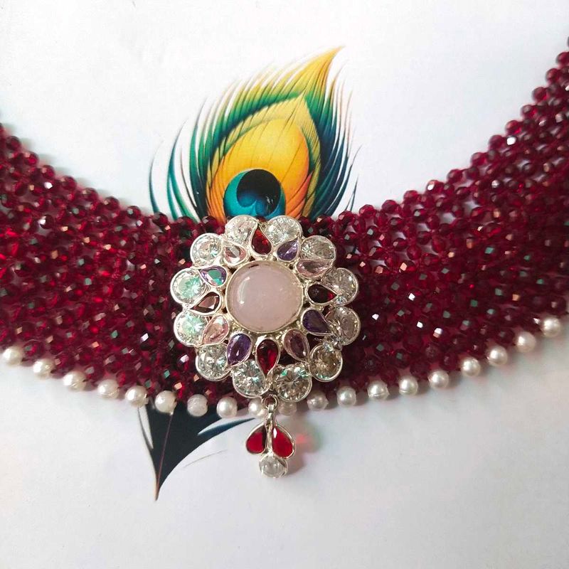 925 Silver Rajputi Chatai Haar in Ruby colour Bead
