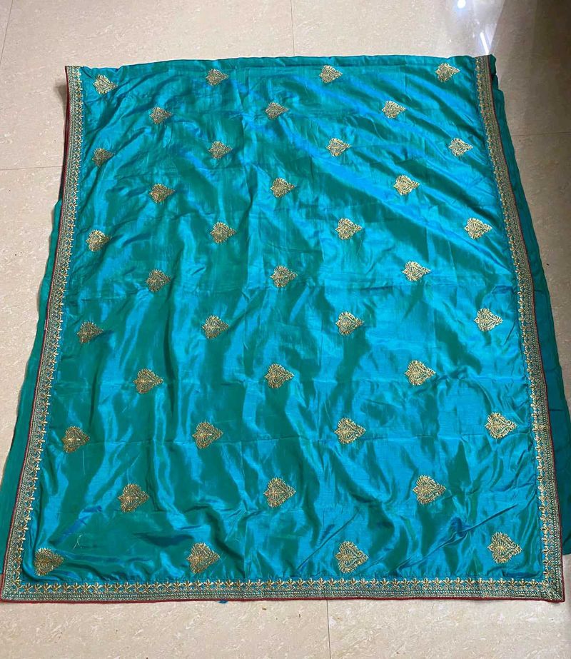 Teal &amp; Gold Embroidered Saree