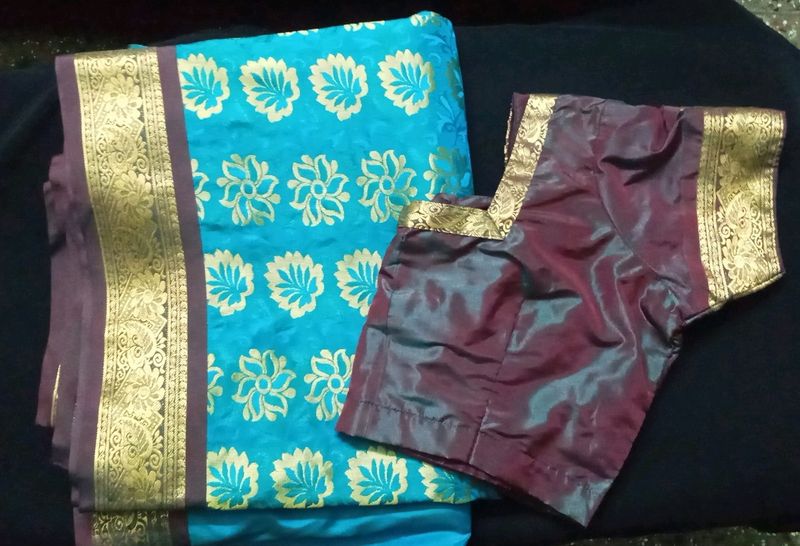 Sky Blue Silk Saree with Gold Border