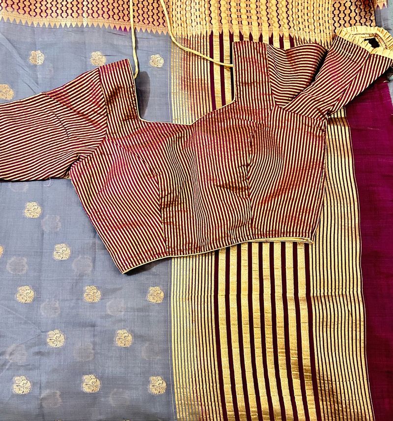 Striped Blouse with Grey Saree