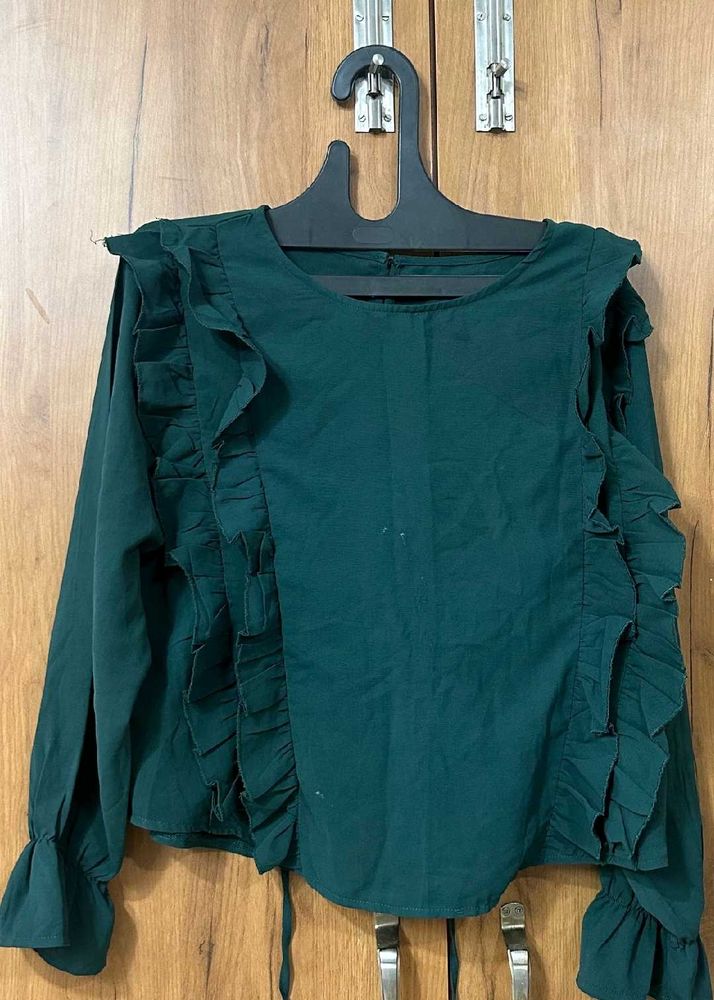 Green Ruffle Trim Blouse