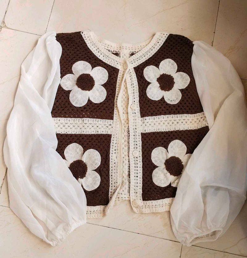 V Neck Knitted Brown Woolen Full Sleeved Top