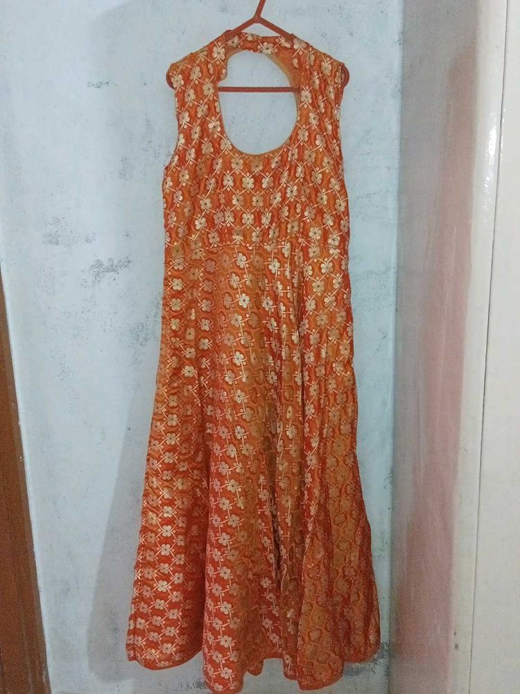 Clearance Sale! Orange Banarasi Sleeveless Gown