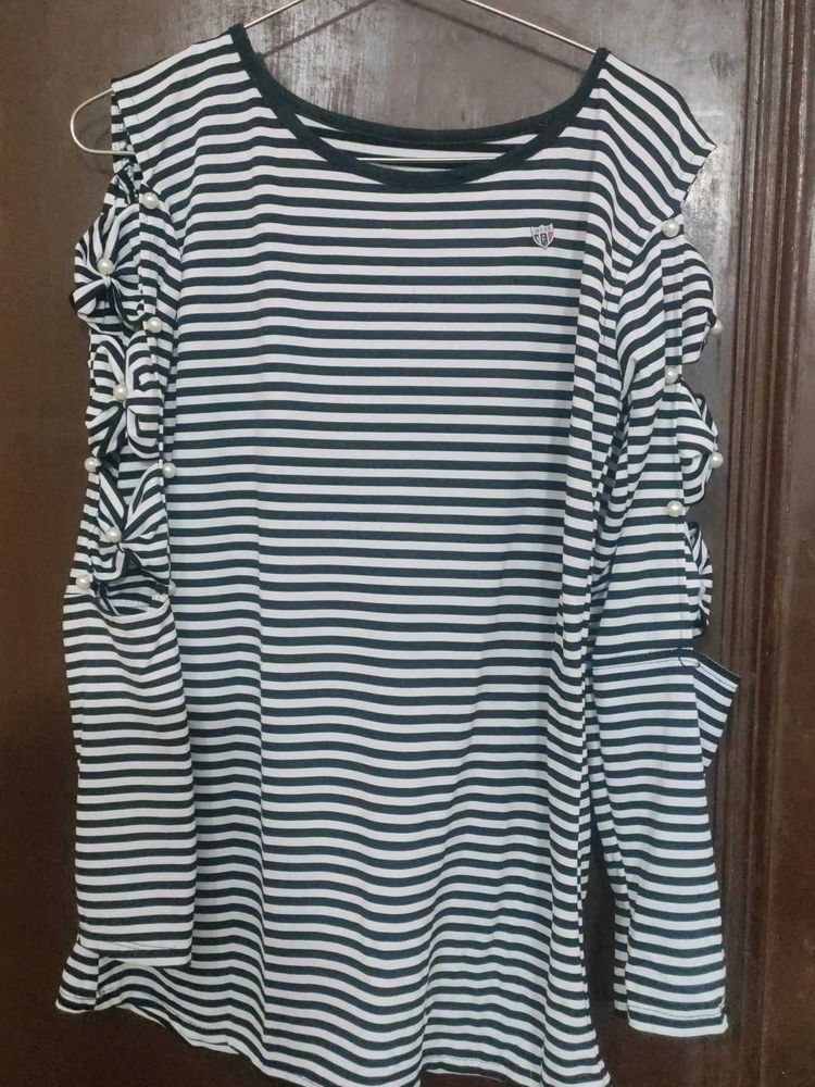 Striped black and white Cold Shoulder Top