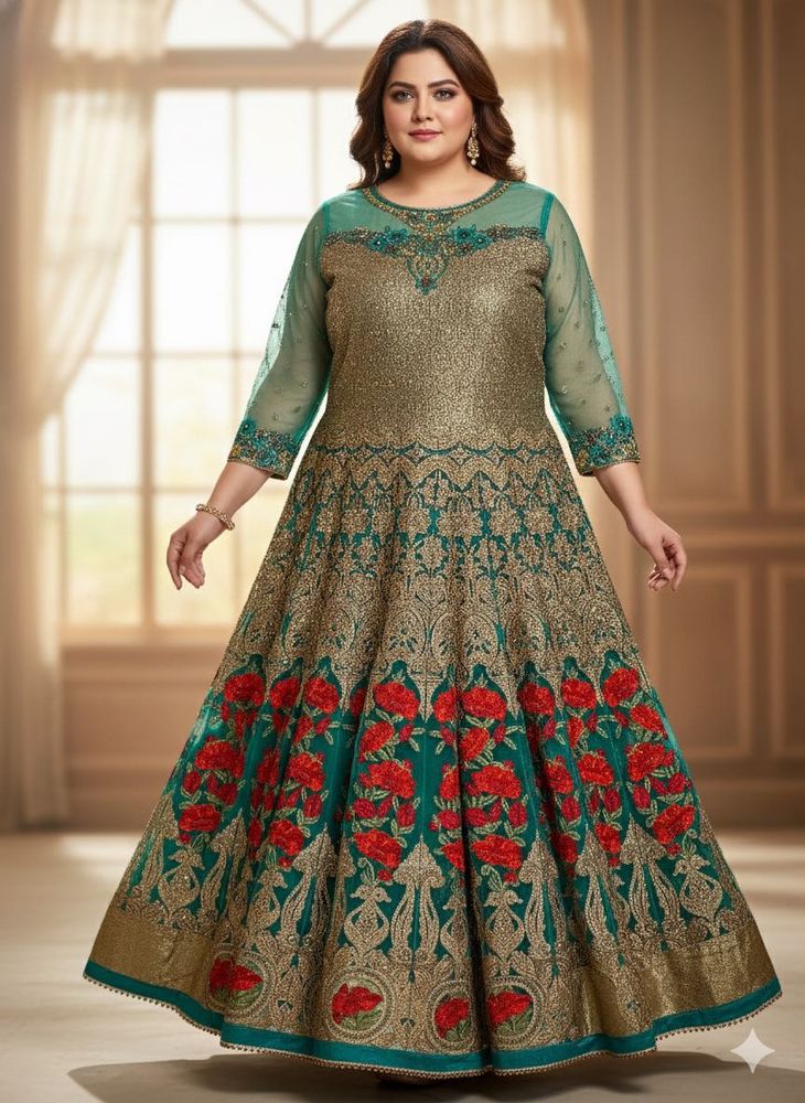 Green &amp; Gold Anarkali Kurta