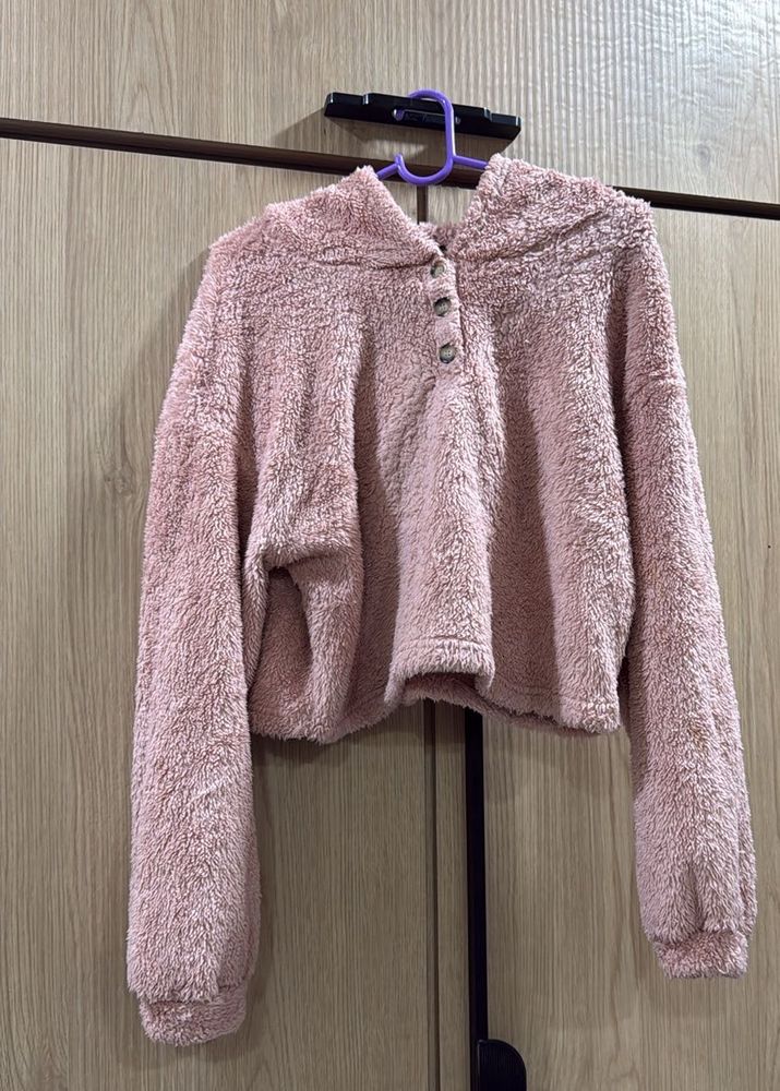Pink Fuzzy Cropped Hoodie