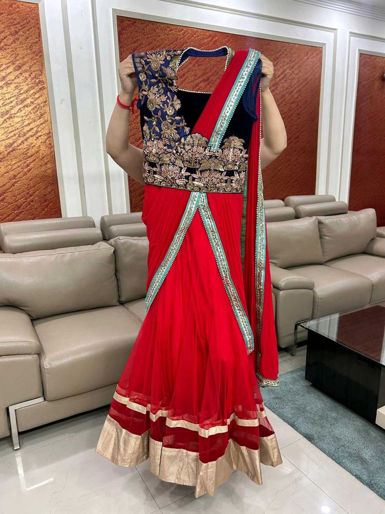 Red Blue Saree Lehanga