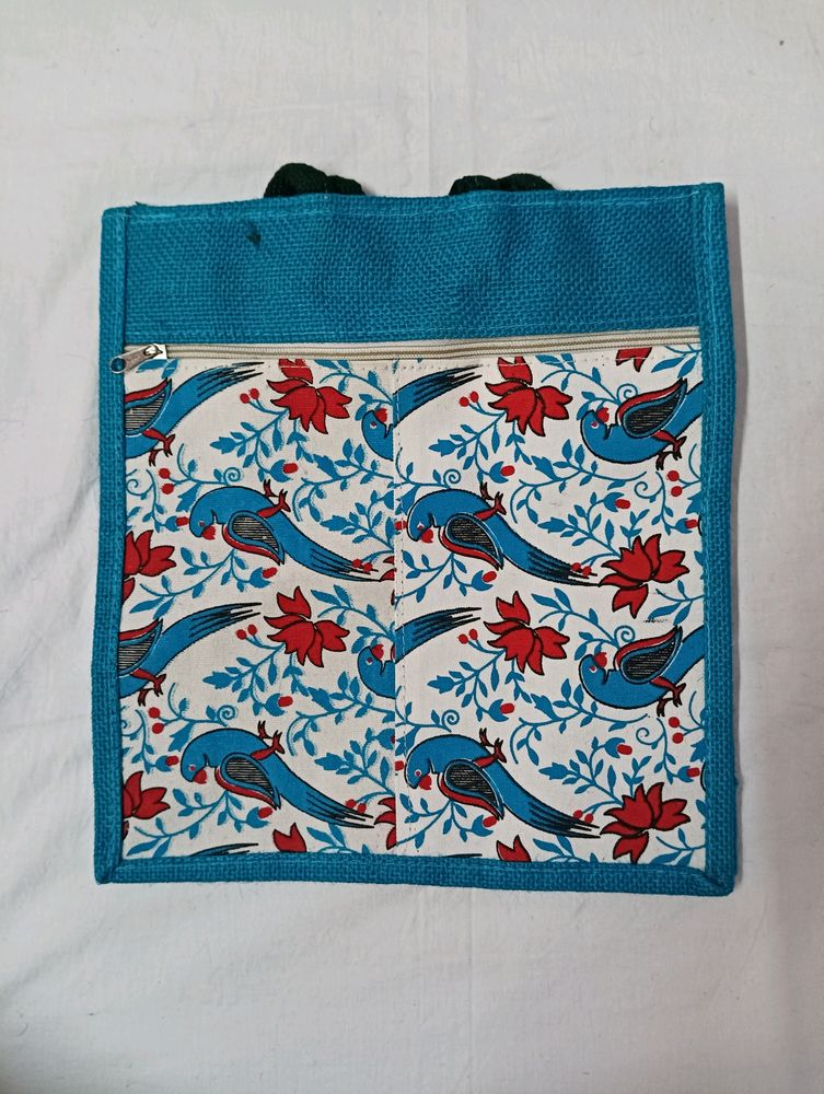 Parrot Printed Jute Shopping Bag With Double Zip..