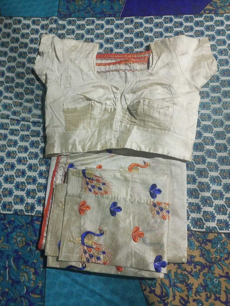 Silk Saree with Peacock Embroidery