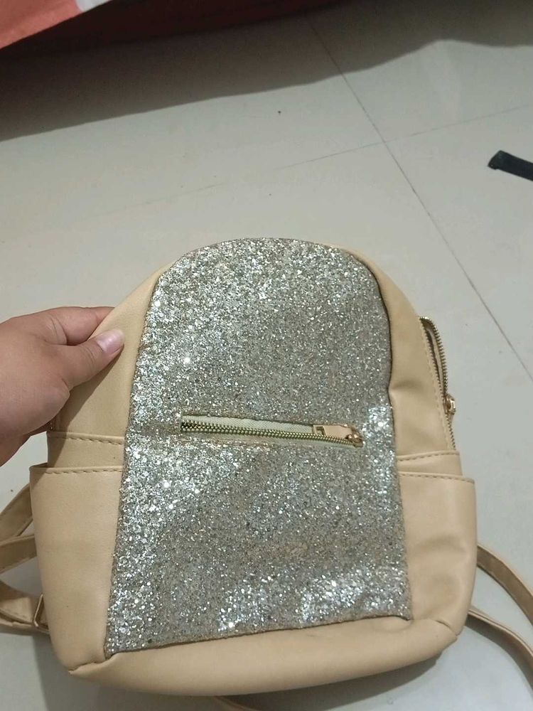 Cream Colour Glittery Backpack For Girls Or Women