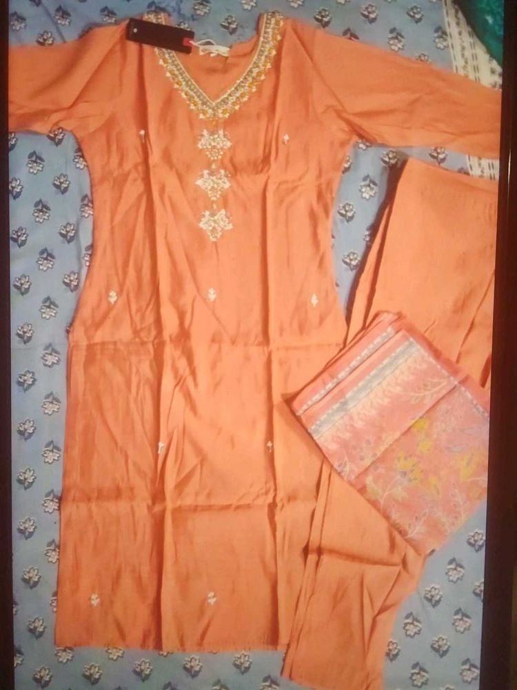 Elegant Peach Embroidered Kurta Set (Size : L)