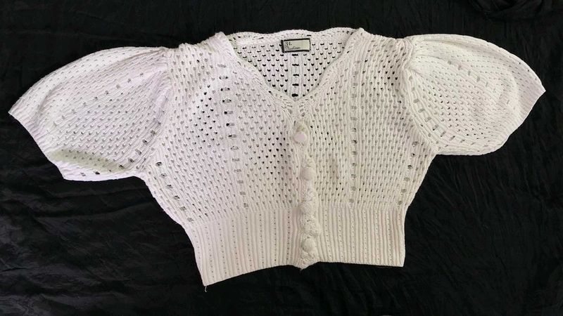 White Knit Puff Sleeve Top