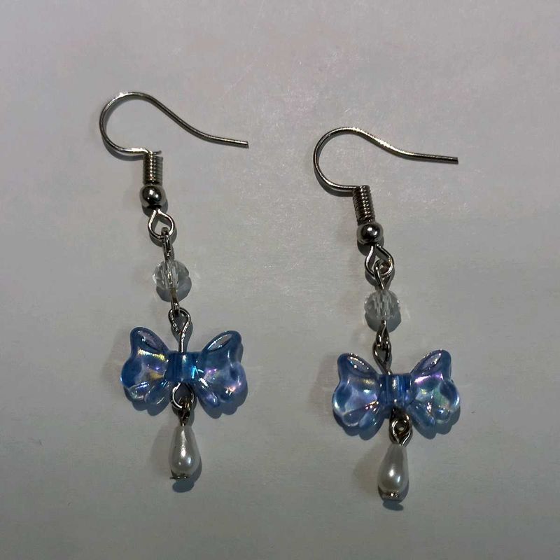 Handmade Blue Bow Earrings with Drop