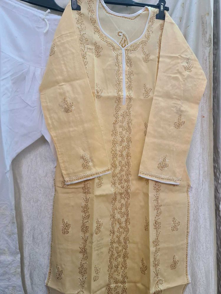 Beige Colour Embroidered Kurti With Narrow Pant
