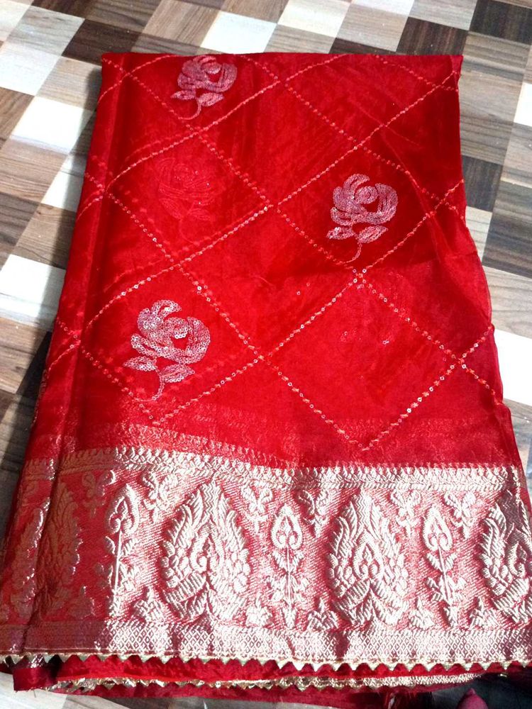 Red Heavy Border Sequence Saree For Woman