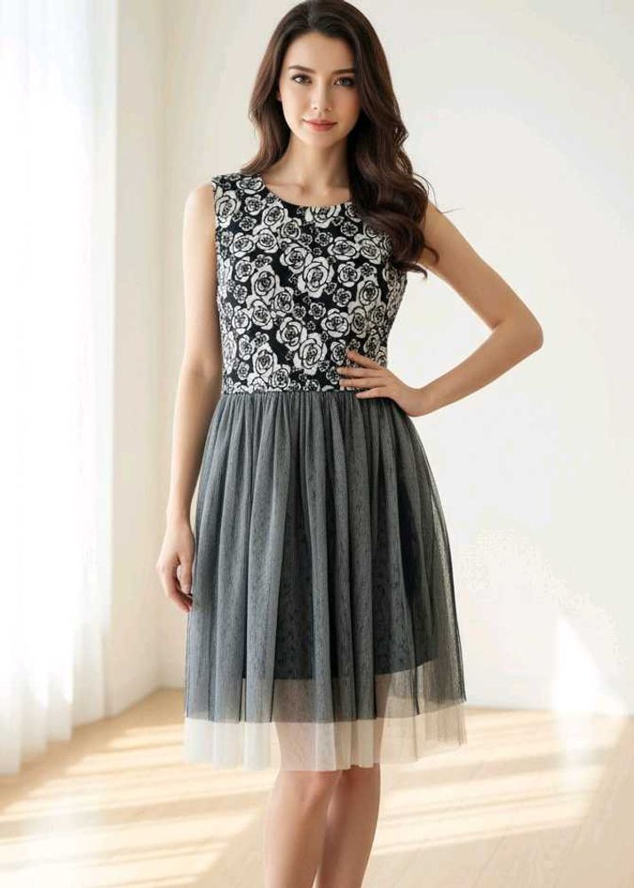 Floral Black &amp; White Mesh Dress
