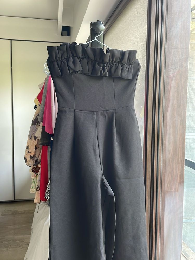Black Ruffle Strapless Jumpsuit