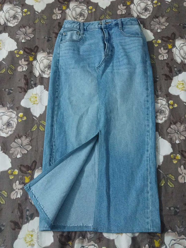 Denim Midi Skirt with Slit