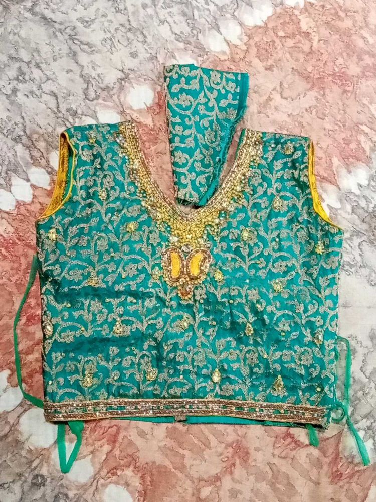 Yellow+bottle Green Lehenga choli/ Half Saree