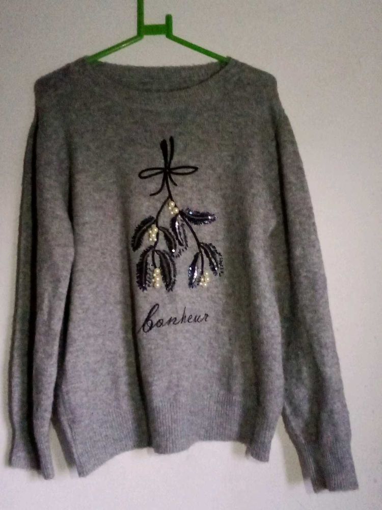 Gray Embellished Knit Sweater