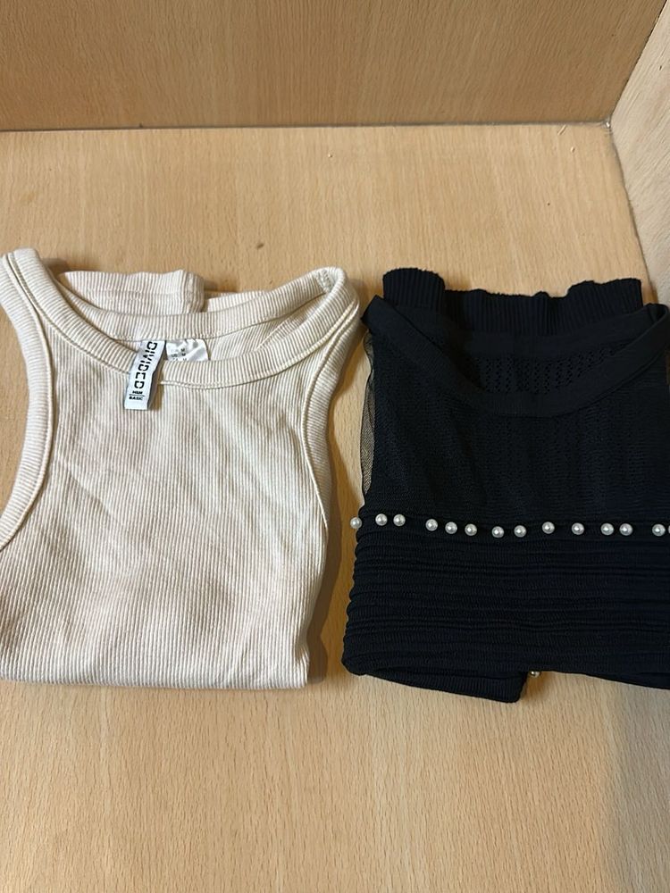 H&amp;M Beige Tank And Black Pearl Top