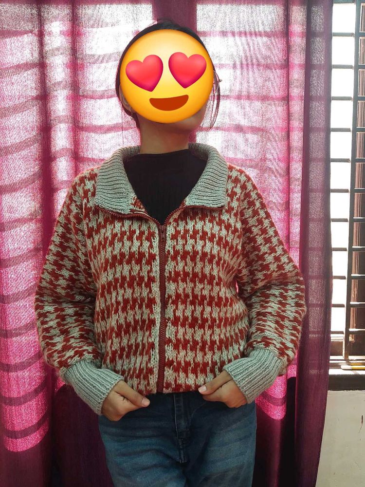 Houndstooth Zip-Up Knit Jacket