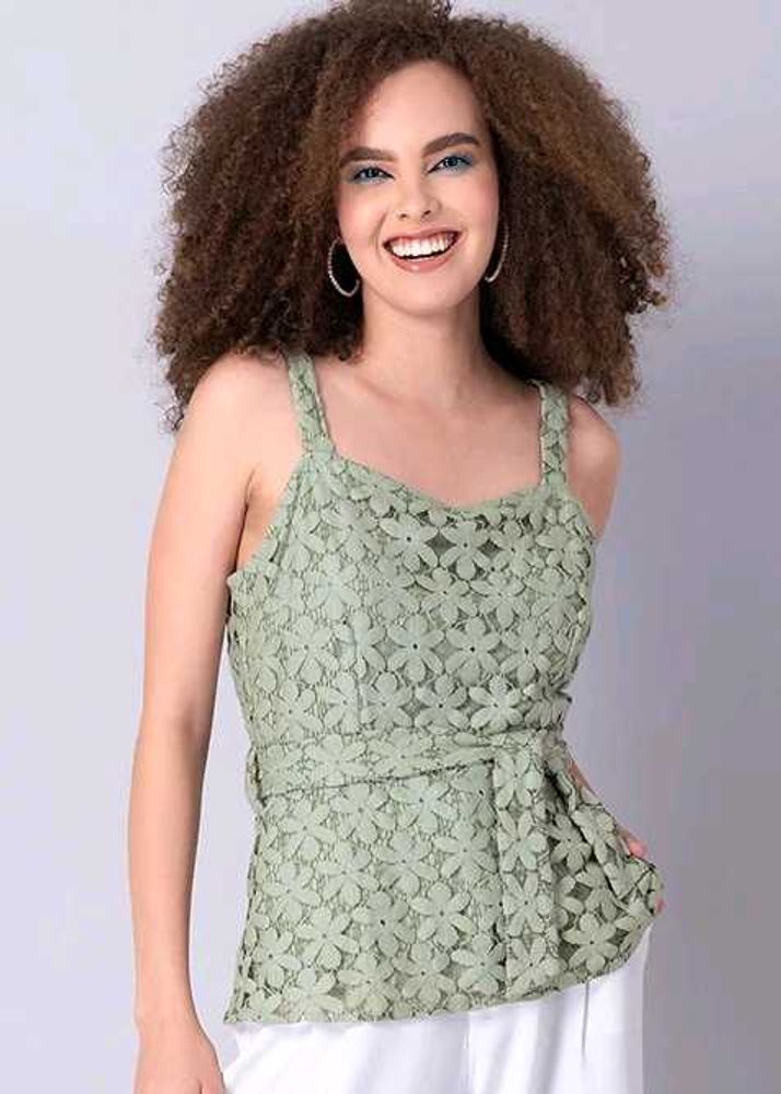 Faballey Green Lace Strappy Belted Peplum Top