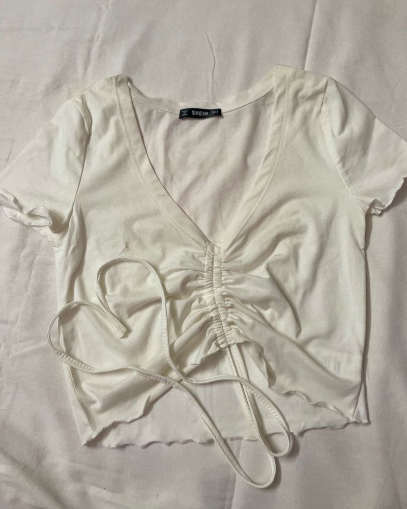 SHEIN White Ruched Drawstring Crop Top-Never Worn