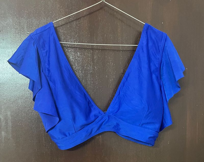 Blue Ruffle Sleeve Crop Top