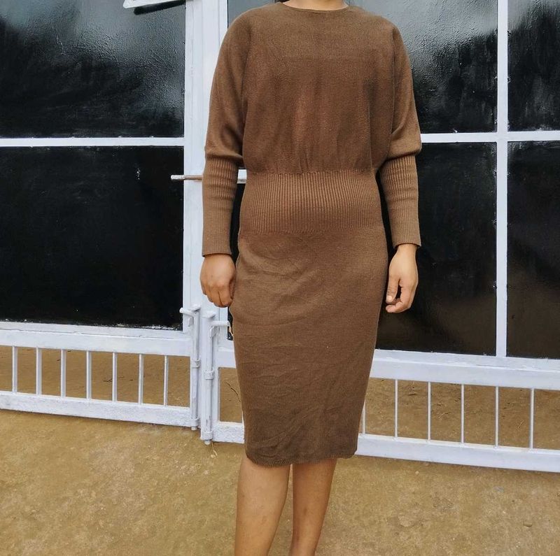 Brown Knit Midi Dress