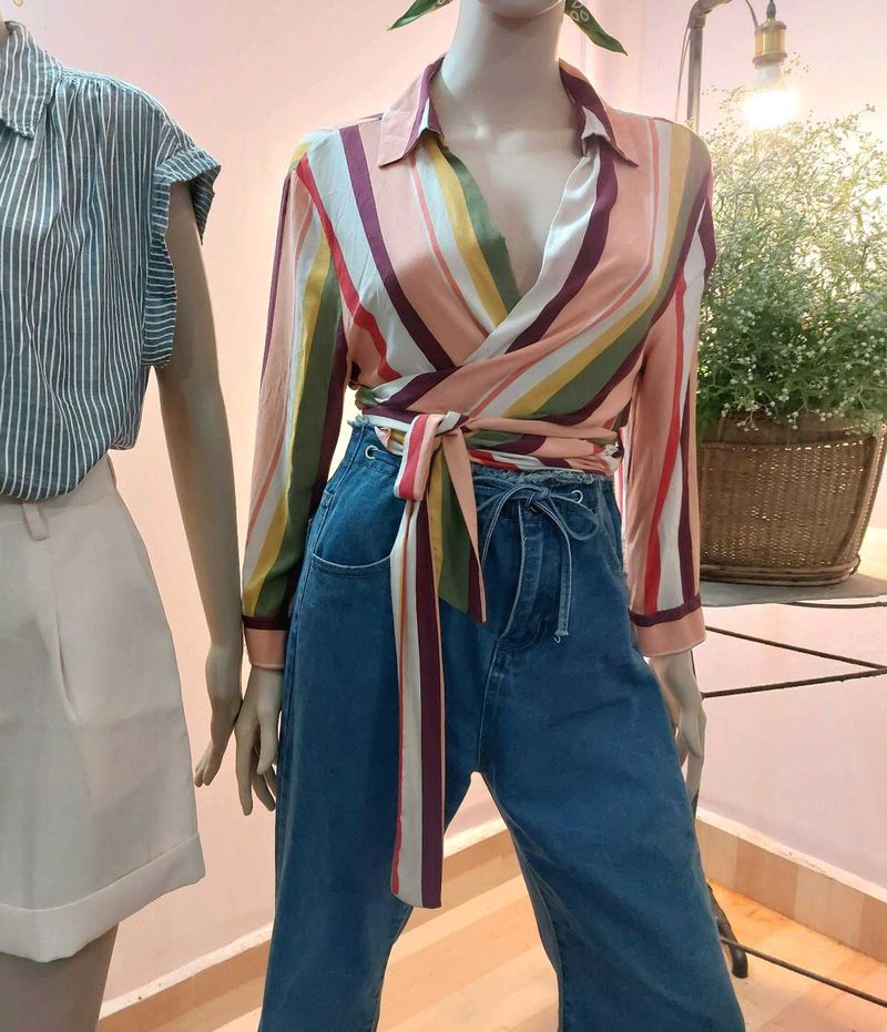 Thrifted Striped Wrap Top
