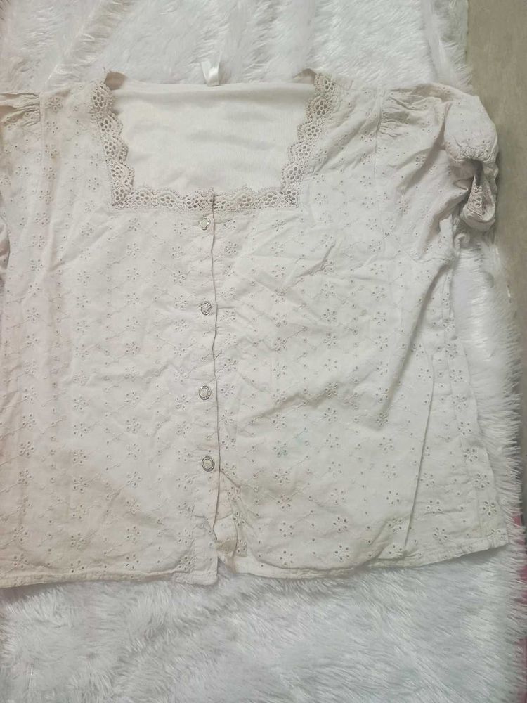 Lace Detail Button-Up Top