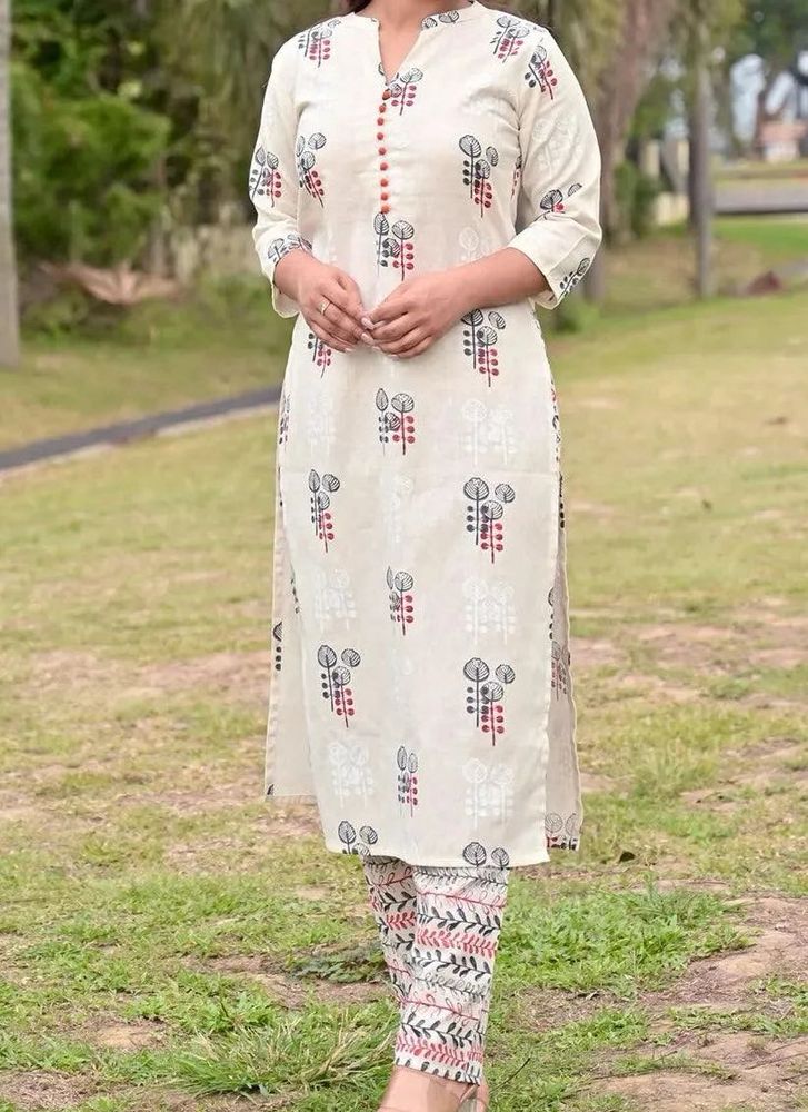 Off-White Printed Cotton Straight Kurta With Trous