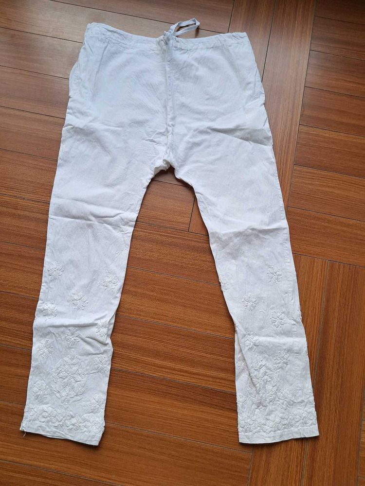 Embroidered White Cotton Pants