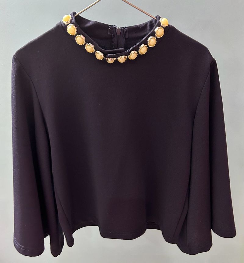 Navy Blue Top with Pearl Accent