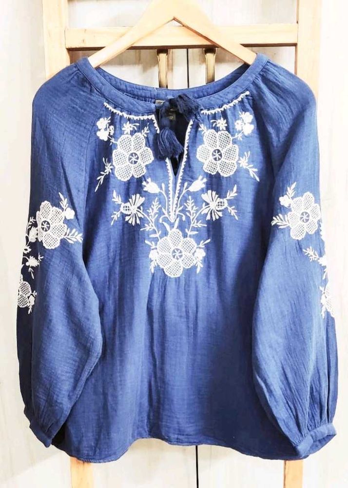 Blue Embroidered Peasant Blouse Size-44