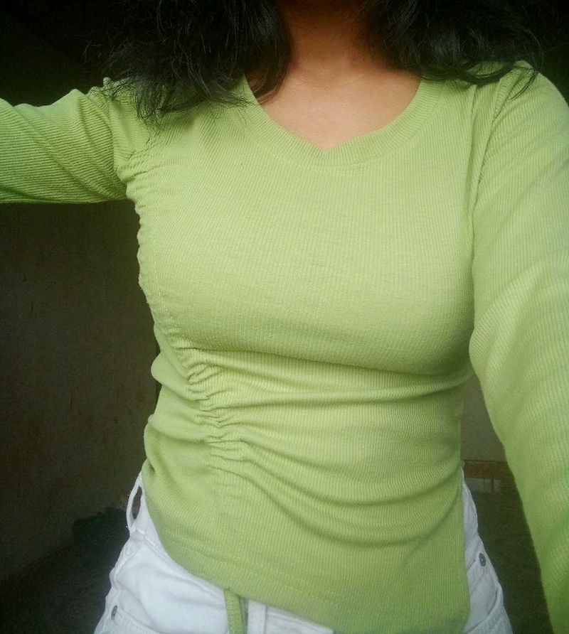 Drawstring Ribbed Green Top