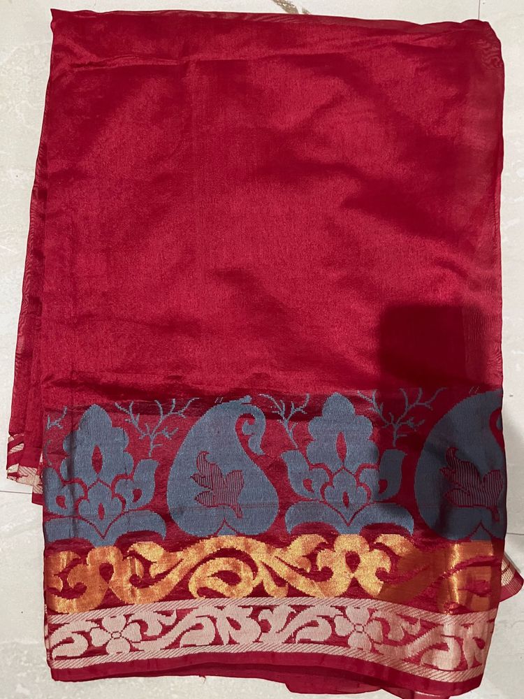 Red Saree with Paisley Border