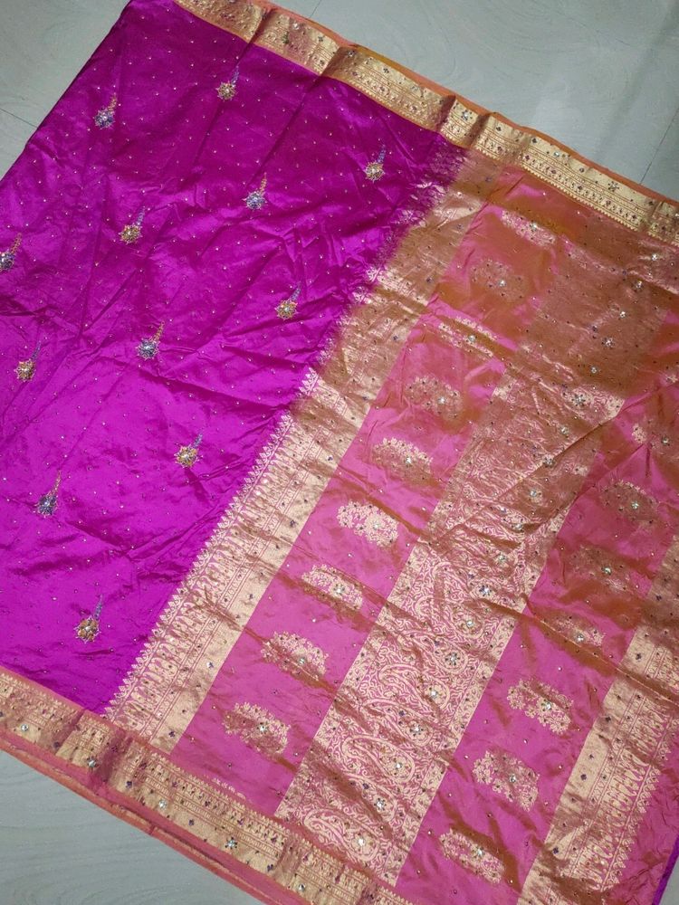 Pink &amp; Gold Embellished Sari