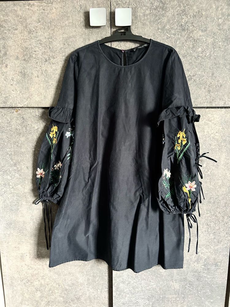 Embroidered Sleeve Black Dress