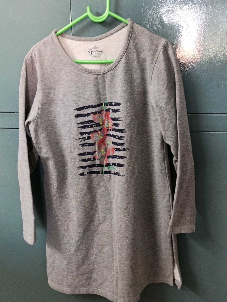 Gray Floral Print Long Sleeve Top