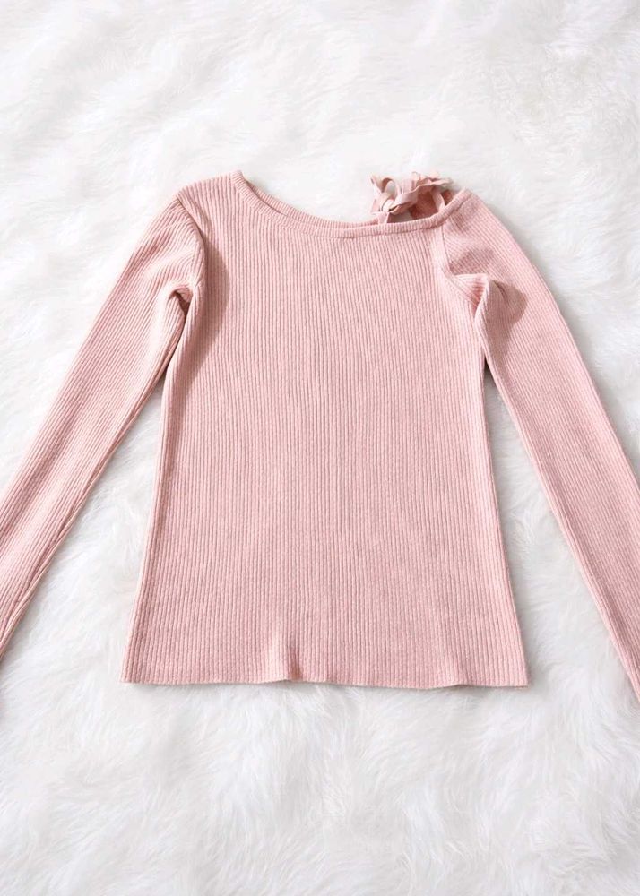 Pink Ribbed Full Sleeve Top | Soft Stretch Fabric