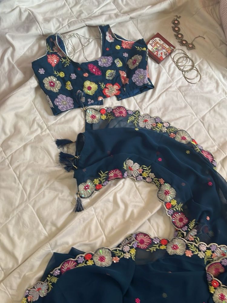 Floral Embroidered Navy Blue Saree