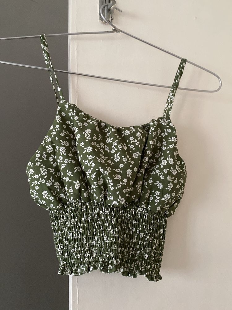 Green Flower Pattern Crop Top