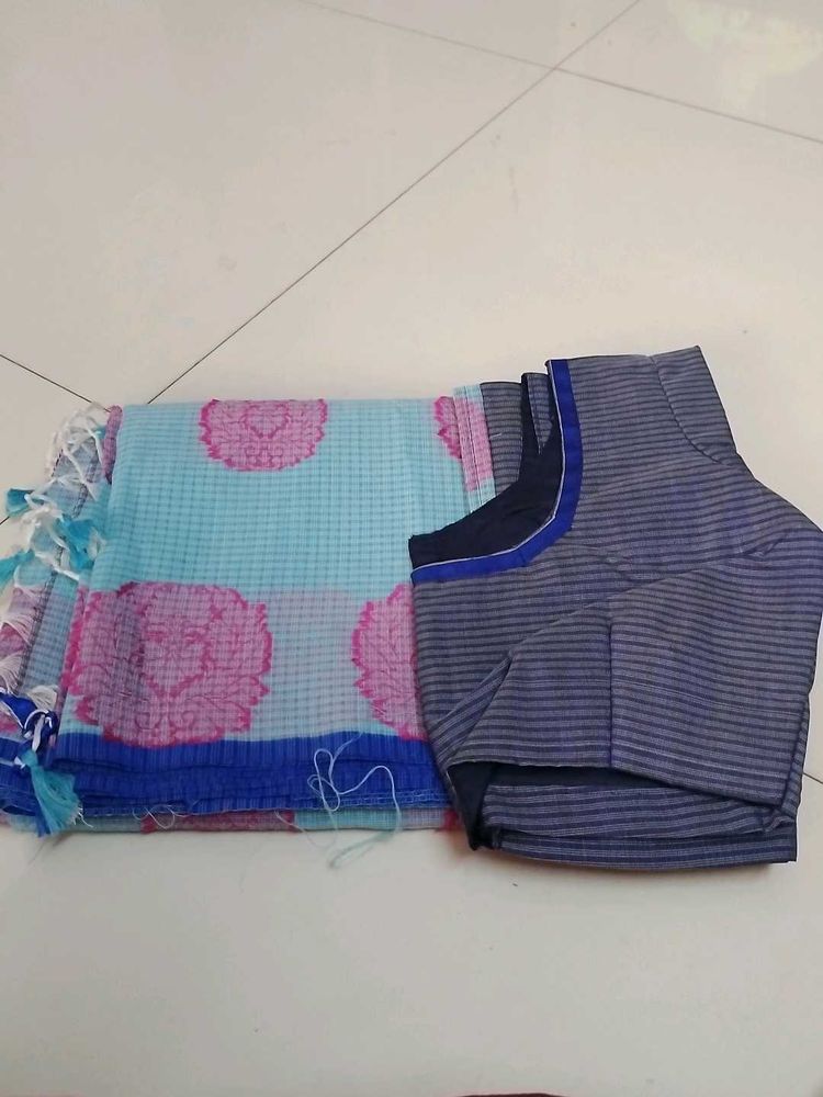 Light Blue Checked Cotton Saree ..