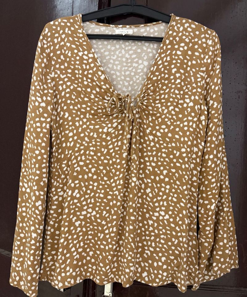 Brown Spotted Tie-Front Blouse