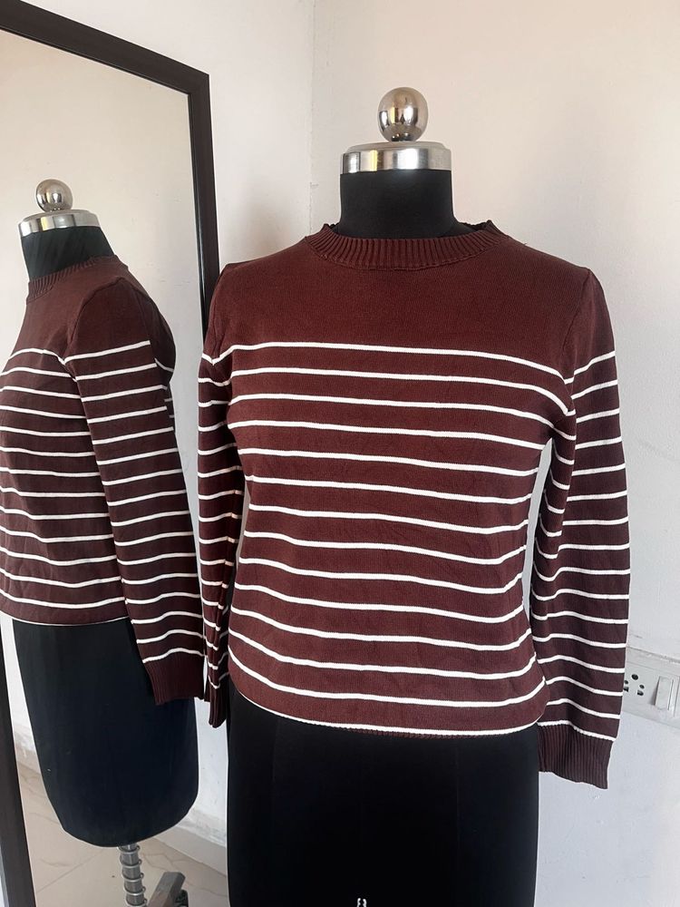 Brown Striped Knit Pullover Sweater