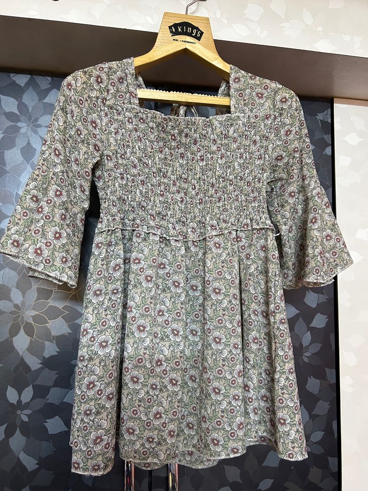 Three Fourth Sleeves Top With Smoking &amp; Frill Detailing &amp; Floral Print